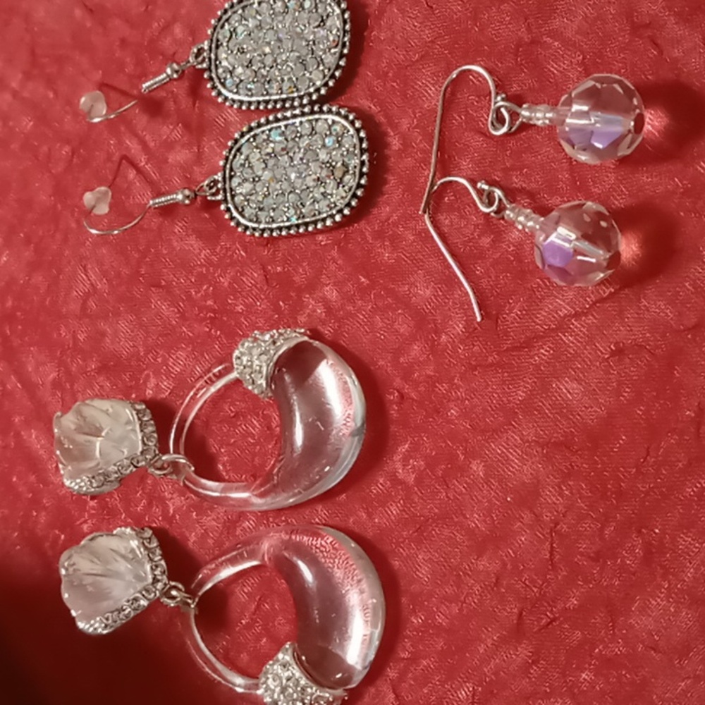 3 pairs of earrings resin & crystals. silver tone & crystals. Opalescent